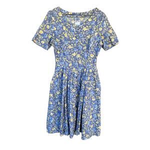 Laura Ashley Blue and Yellow Pleated Midi Sundress